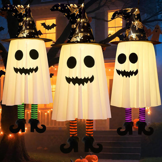 3 Packs Halloween Hanging Ghosts Decorations Outdoor Indoor, Spooky Glowing Ghost Witch Hat Striped Stockings High Heels String Lights 3 Modes Patio Yard Front Porch Tree Party(Contains 18 Batteries)