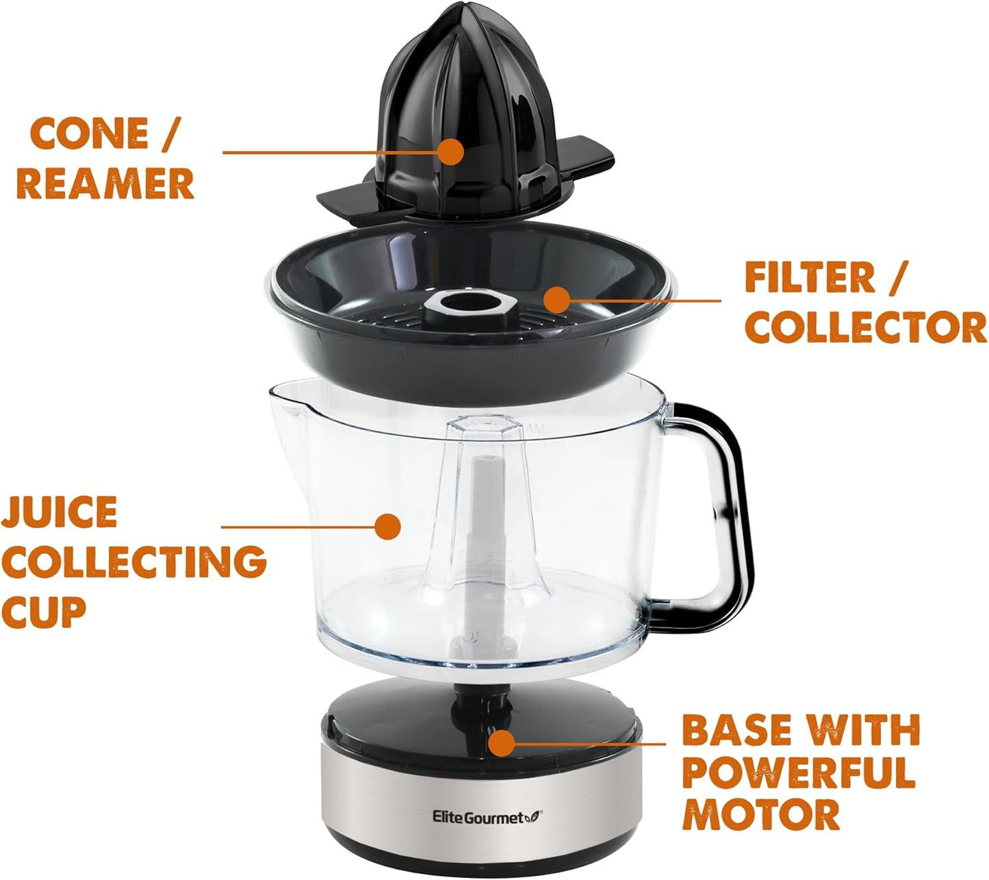 Elite Gourmet ETS623 BPA-Free Electric Citrus Juicer, Compact, Large Volume, Pulp Control, Oranges, Lemons, Limes, Grapefruits with Easy Pour Spout, 24oz, Black/Stainless Steel
