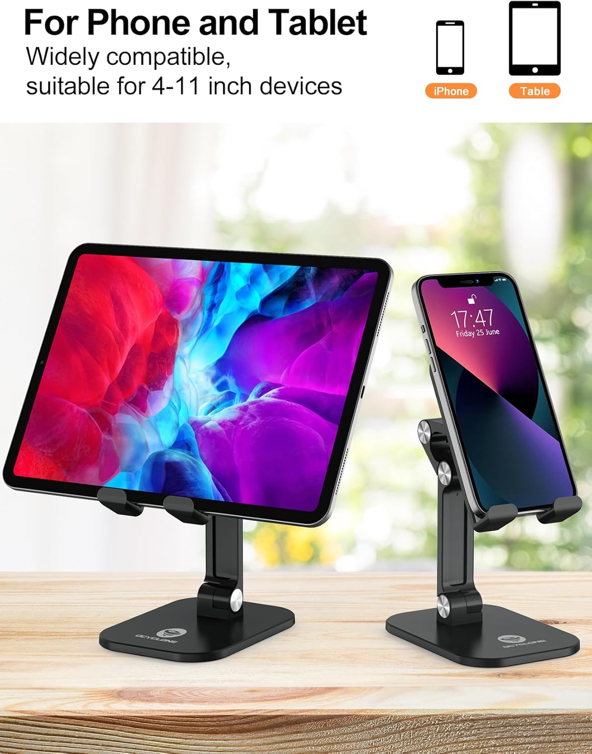 OCYCLONE Phone Stand, Adjustable Height and Angle Foldable Cell Phone Stand Holder for Desk, Taller iPhone Stand Compatible with 4.7"-13" Smartphones iPad Tablet, Black