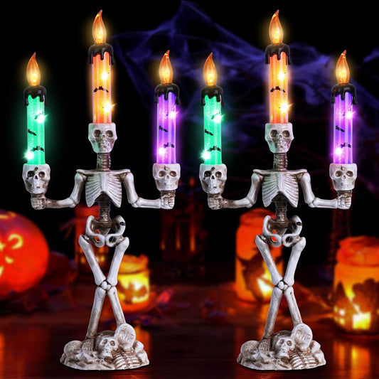 MEETYAMOR 2 Pcs Skull Halloween Candelabra Decorations Indoor, Halloween Candles Holder with LED Lights for Scary Haunted House Mansion Decor, Battery Operated Timer Candlesticks for Table Home Party