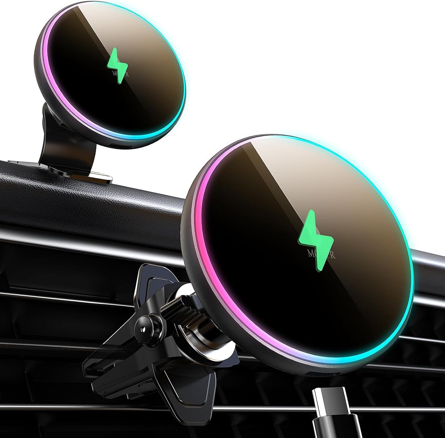 MOKPR for Magsafe Car Mount Charger-15W Wireless Car Charger-Magnetic Car Phone Holder for Dash Air Vent-LED RGB HandsFree Car Mount Fast Car Charger for iPhone 14/13/12 Series