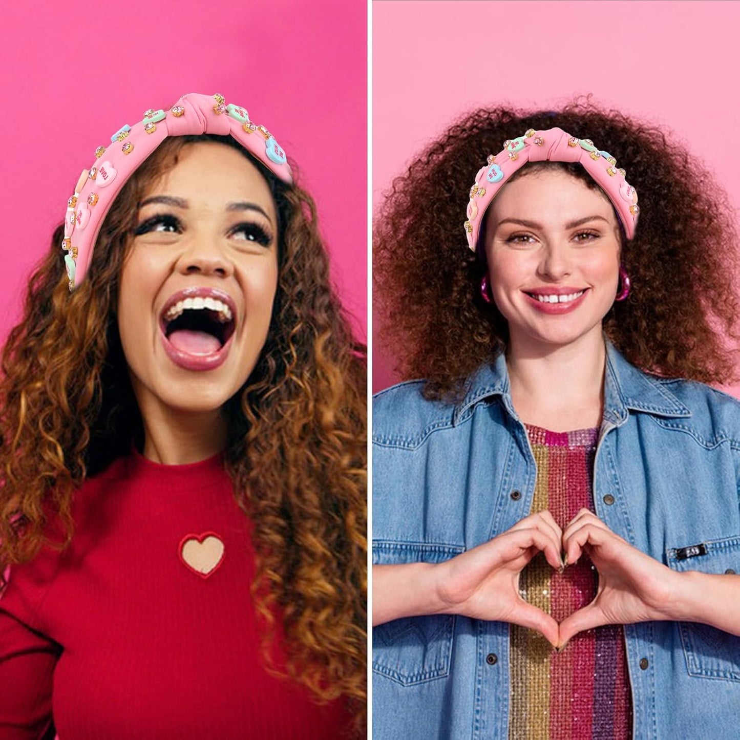 YARIEW Valentines Day Headbands for Women Love Sweet Heart Headband Pink Rhinestone Knotted Headband for Women Valentine Day Decorations Fashion Headband Hair Accessories