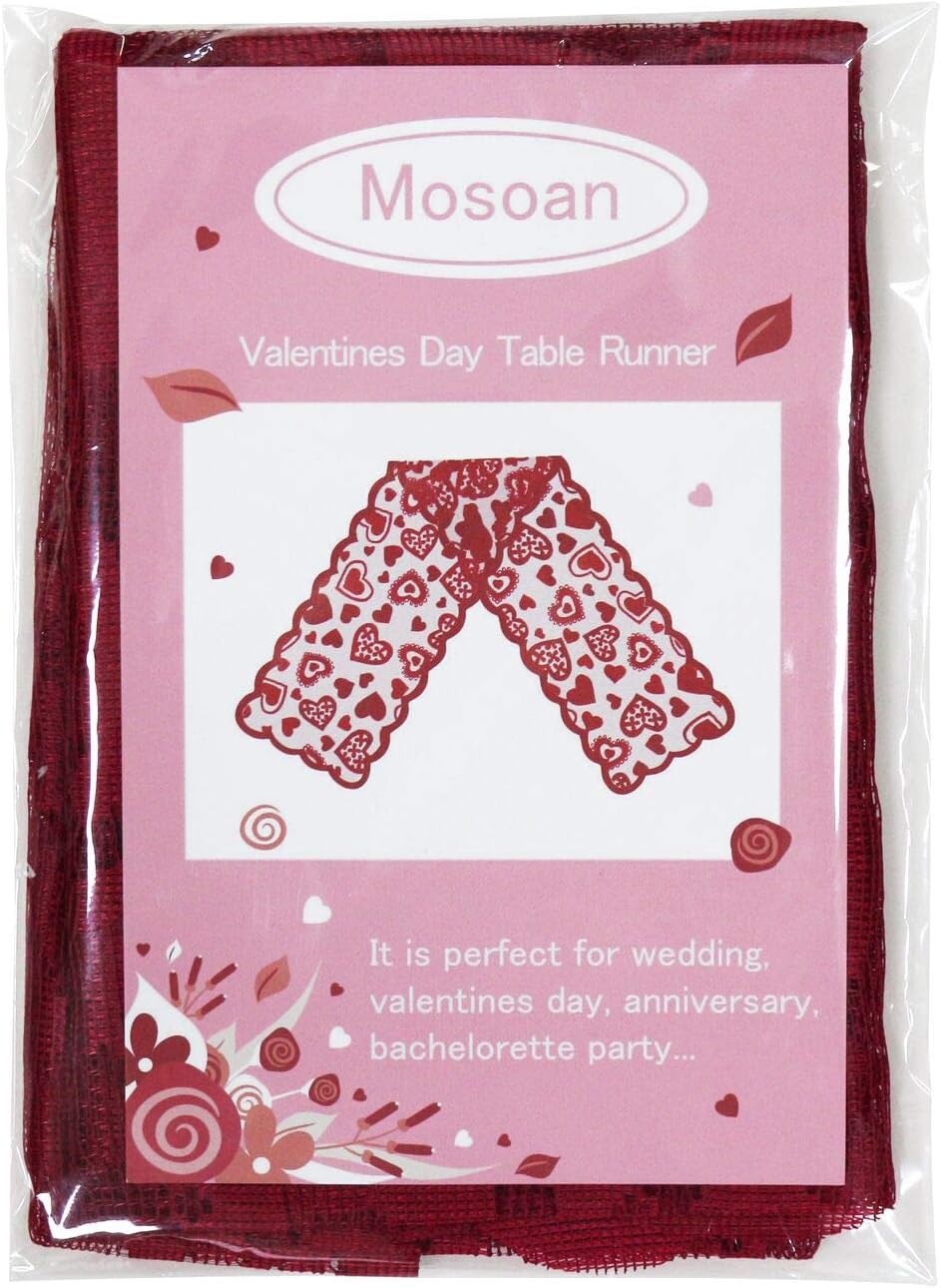 Mosoan Valentines Day Decor Table Runner - 13 x 72 Inch Red Lace Table Runner for Wedding Party, Valentines Decorations - Valentines Day Decor Home Romantic Decorations Heart Shaped Table Runner