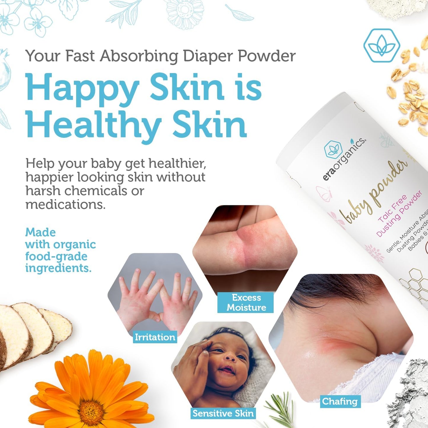 USDA Organic Baby Powder Talc-Free - Soothing Arrowroot, Calendula and Cornstarch for Newborn, Babies or Toddlers - Made in USA - 3oz/85g - Cart Shape