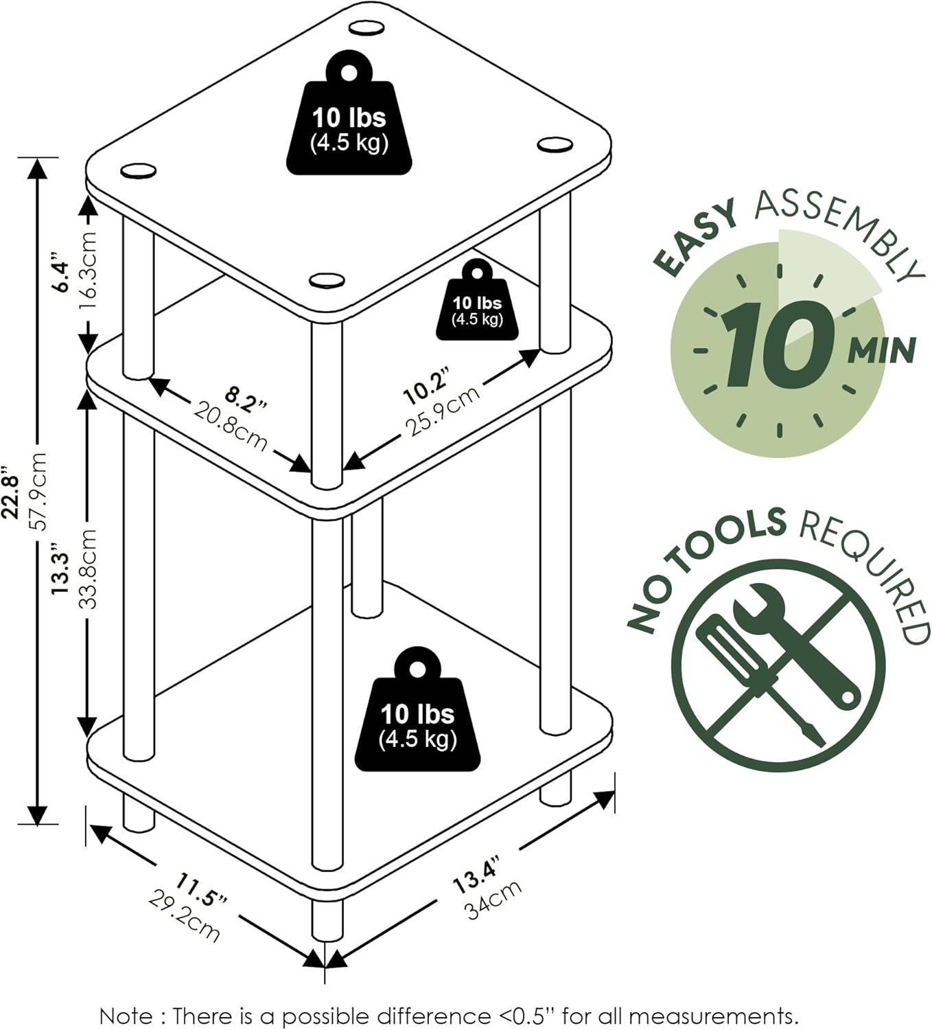 Furinno JUST Side Table, 3-Tier End Table, Open Shelves Night Stand, Bedside Table, Toolless Assembly, for Living Room, Bedroom, Bathroom, French Oak