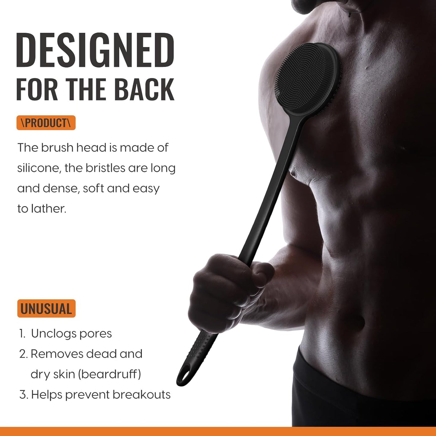 VWMYQ Silicone Back Scrubber for Shower, 17in Lengthen Long Handle Body Brush, Double Sided Shower Brush for Shower Exfoliating and Massage Can Produce Rich Foam, Long Handle Back Scrubber for Men.