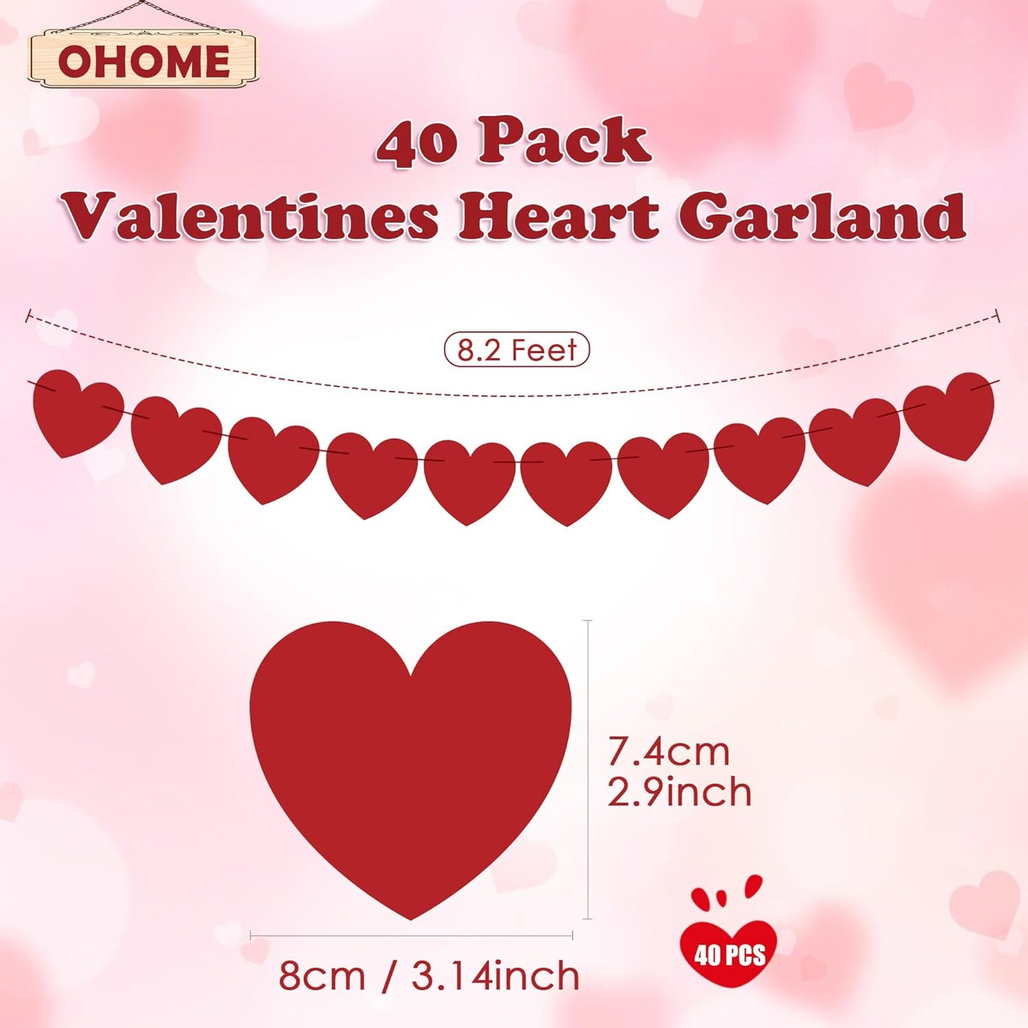 OHOME Valentines Day Decorations - Valentines Banner - Valentines Decor Red Heart Garland 40 Pack Valentines Day Backdrop Galentines Day Decorations Party Favors for Door Wall Classroom School Home