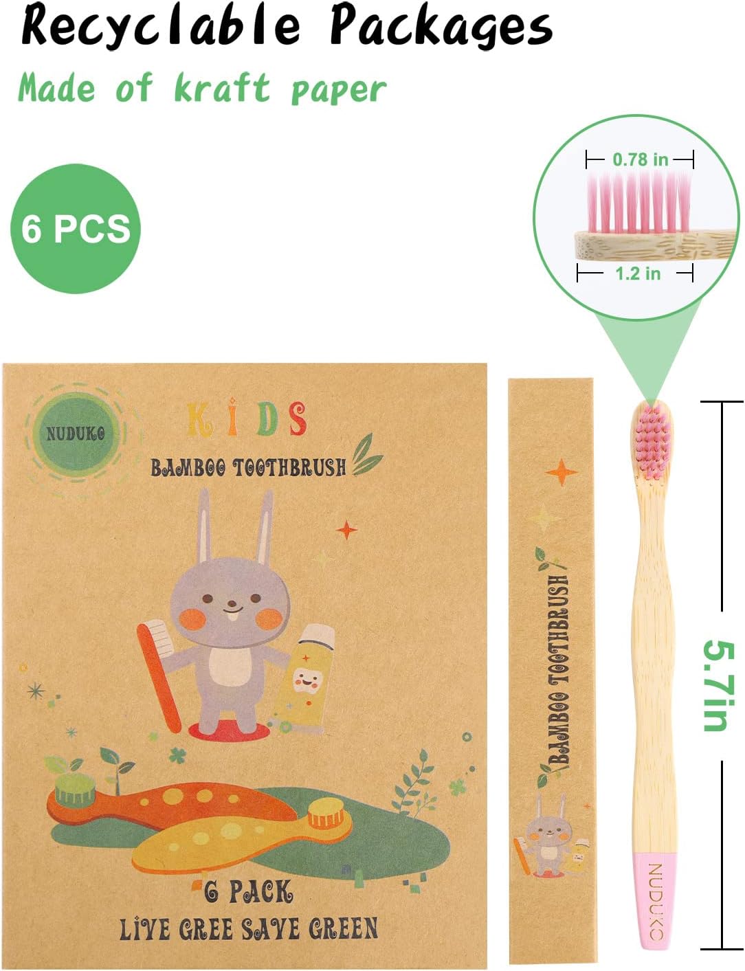 Bamboo Kids Toothbrushes (6 Pack) - Soft Bristle Organic Compostable BPA Free Toothbrush for Kids Toddler Baby Tooth Brush, Eco Friendly Natural Biodegradable Wooden Toothbrush