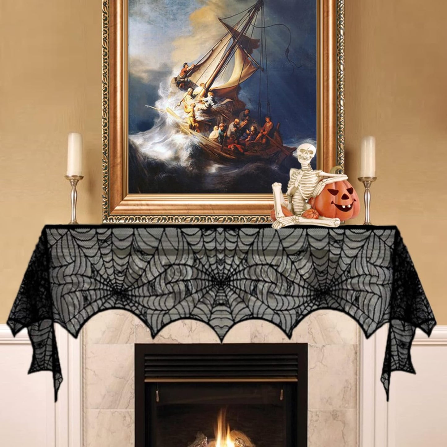 Halloween Fireplace Mantle Decorations, Black Lace Spiderweb Fireplace Mantel Scarf Cover Garland for Festive Party Supplies Decor 18 x 98 inch (Black)