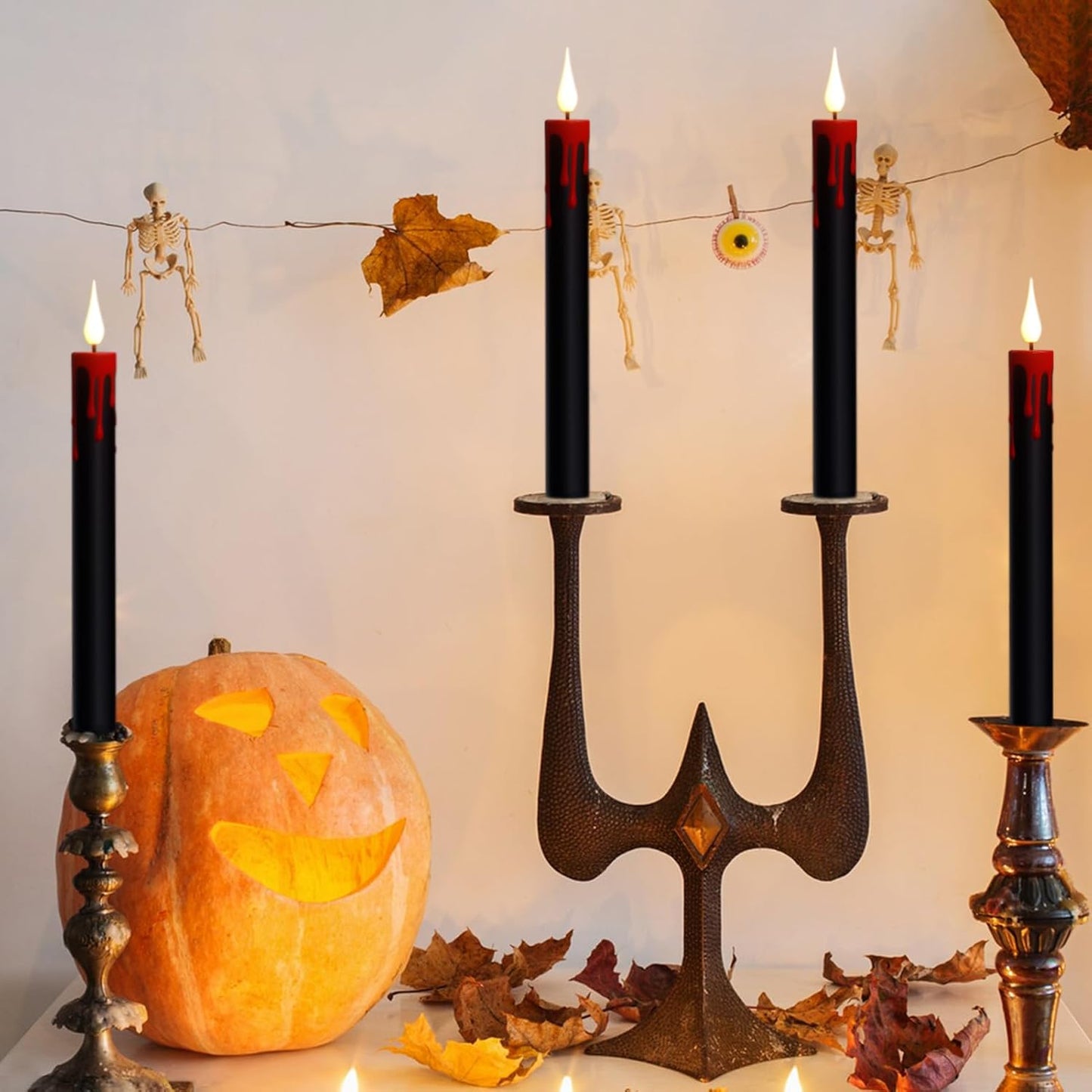 Halloween Black Flameless Taper Candles with Remote Timer, 4 Pcs Red Drip Wax LED Candlesticks with 3D Flickering Flame for Home Fall Indoor Halloween Decor(0.78 x 8.9 Inches)
