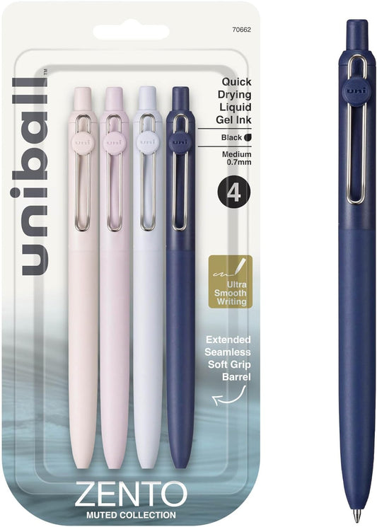 uni-ball Zento Gel Ink Rollerball Pens, 4 Black Medium Point Smooth Writing Pens, Colored Japanese Pens, Muted Colors