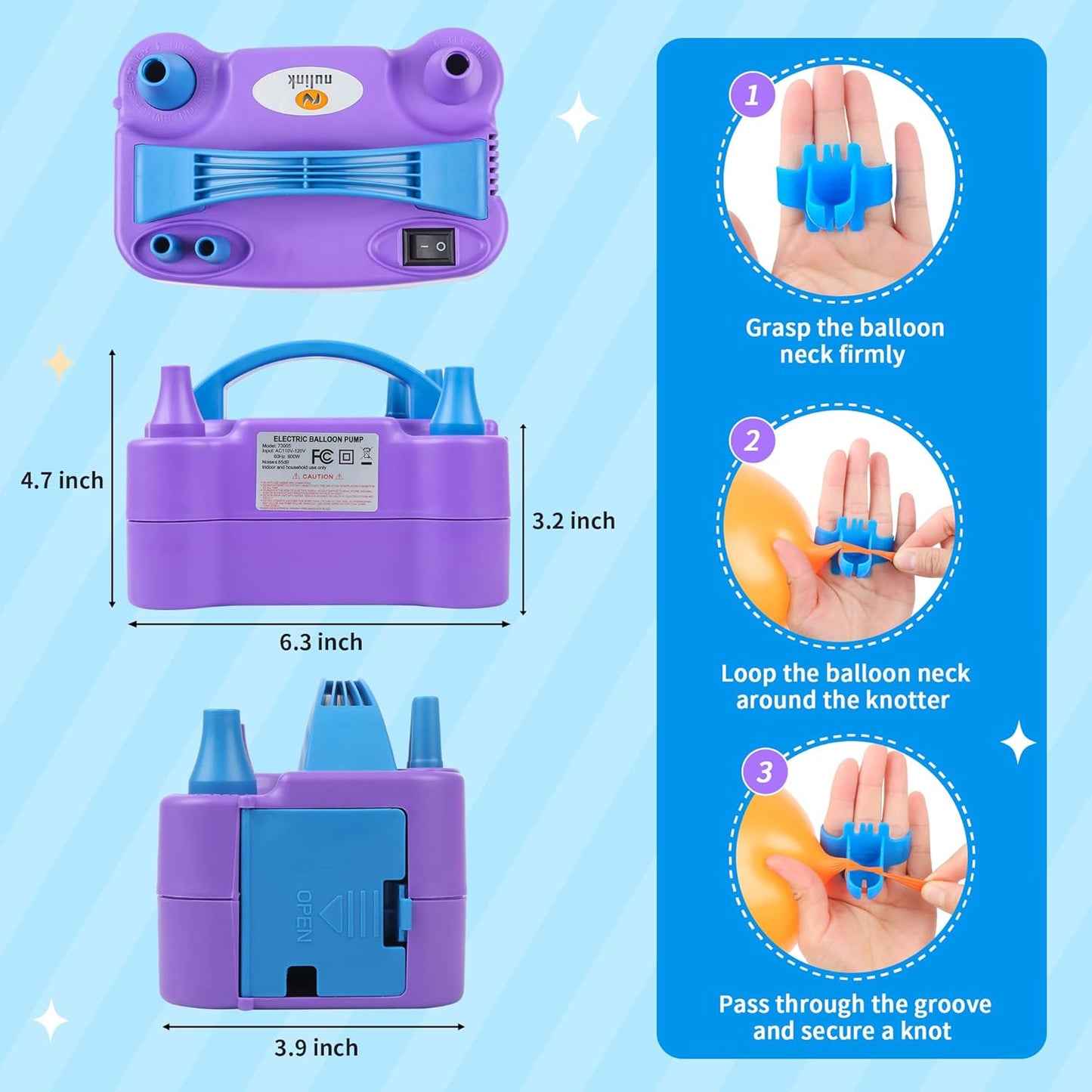 NuLink Balloon Pump Electric Portable Dual Nozzle Air Pump for Balloons Blower Pump Inflator for Decoration, Birthday Party [110V~120V, 600W, Purple]