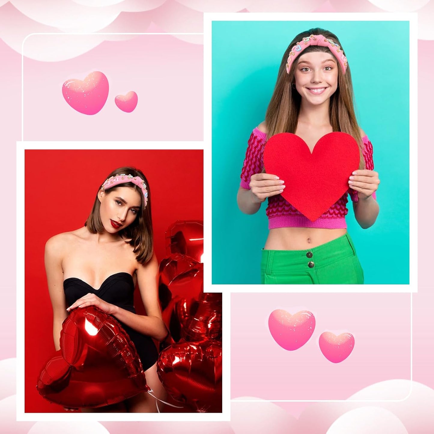 YARIEW Valentines Day Headbands for Women Love Sweet Heart Headband Pink Rhinestone Knotted Headband for Women Valentine Day Decorations Fashion Headband Hair Accessories