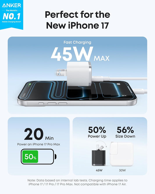Anker Nano 45W Type C Charger Fast Charging, Compact and Foldable Plug USB C Charger Block for iPhone 17/16 Series, MacBook, Pixel 9, iPad, Samsung Galaxy S25 Ultra / S24 Series (6 ft Cable Included)