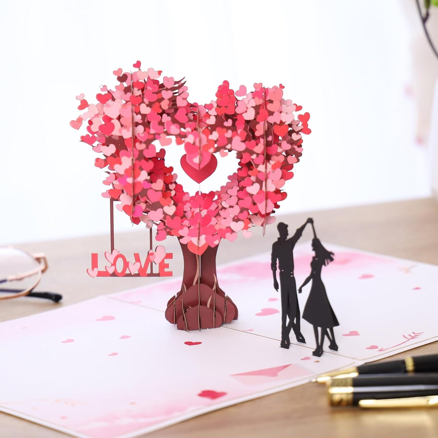 Pop Up Anniversary Card, 3D Love Tree Hearts Couple Wedding Card for Her, Wife, Husband, Him, Couple; Ideal Gift for Wedding, Romantic Birthday, Anniversary, Valentines, Mothers Day, 6x8 inch