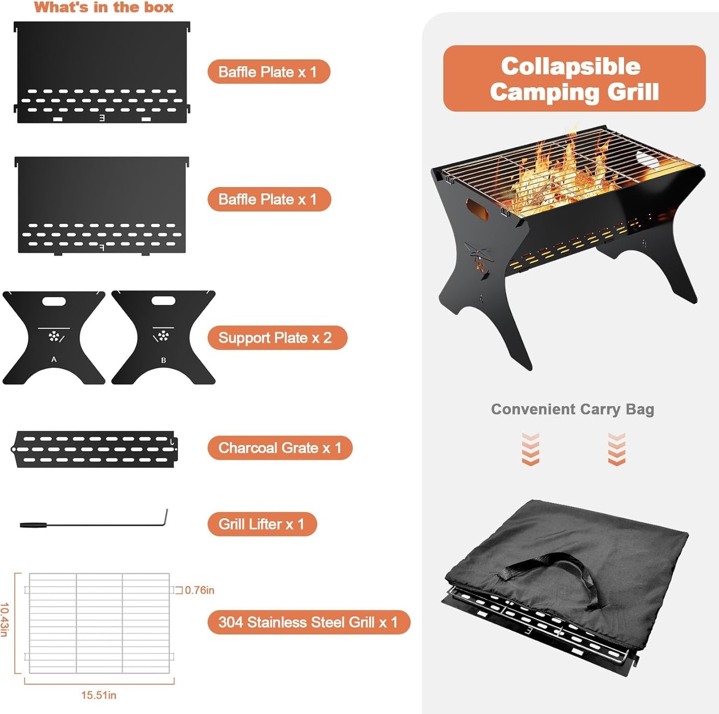 Camping Campfire Grill, 16"Lx12"D Portable Folding Charcoal Grills, Backpacking BBQ Grill with Carry Bag, Outdoor Fire pit for Camping, Picnic, Bonfire, Patio, Backyard