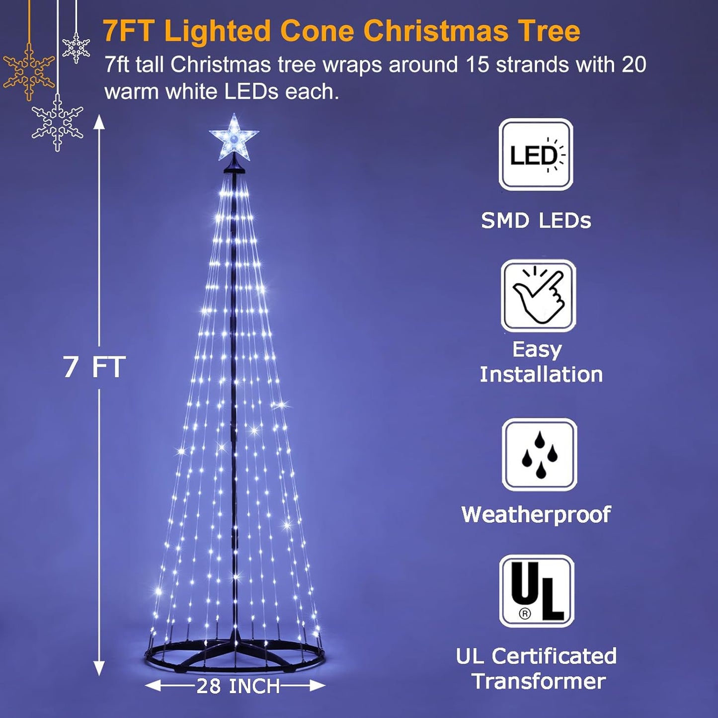 Christmas Outdoor Lighted Trees 7FT Prelit Christmas Cone Tree with 310 LEDs 8 Lighting Modes and Timer for Indoor Outdoor Xmas Porch Lawn
