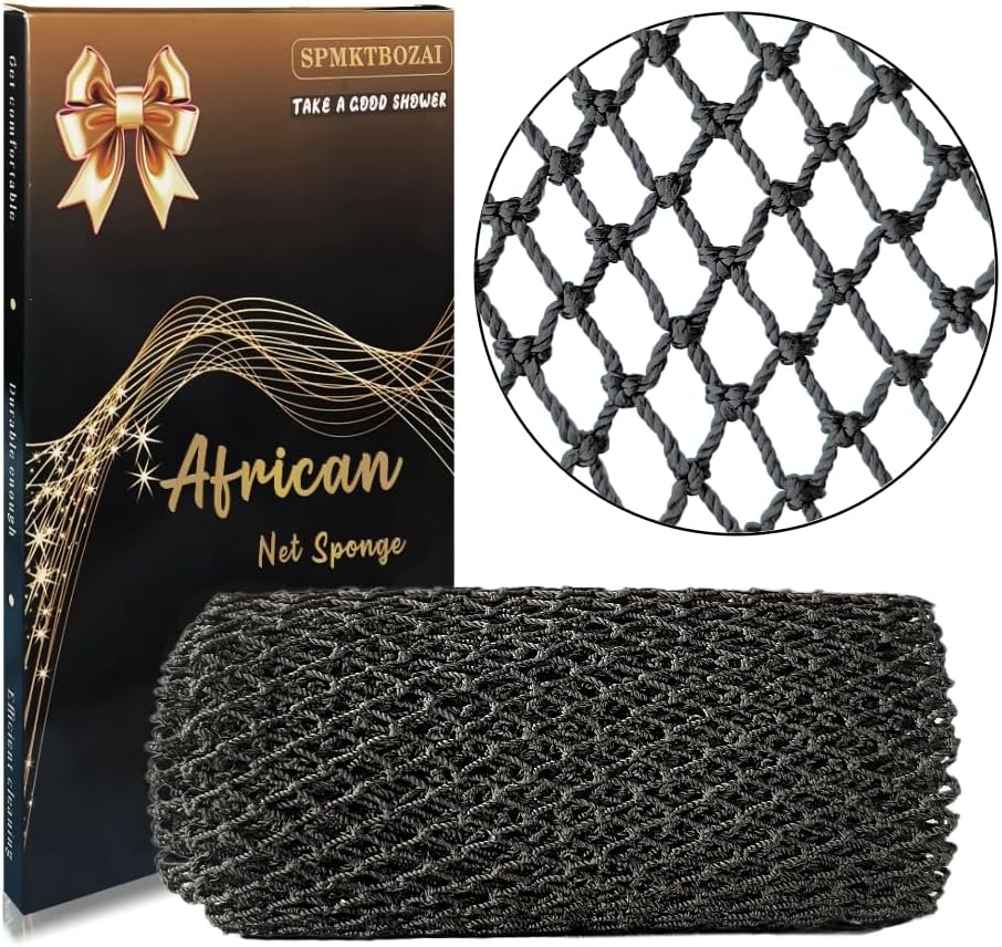 African Net Sponge Authentic, African Exfoliating Sponge Real African Net Black Owned, African Bath Sponge Back Scrubber, Body Exfoliator Shower Bath Accessories (Black)