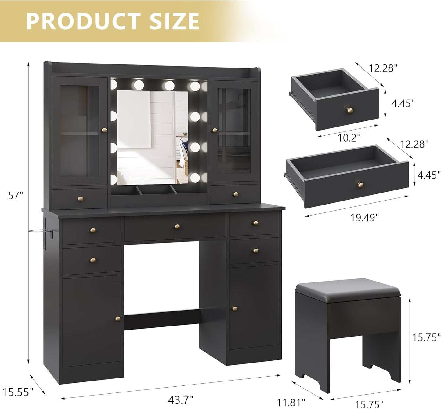 Makeup Vanity Desk with Mirror and Lights, Black Vanity Table Set with Storage Drawers, Charging Station, Cabinets & Chair, Large Dressing Table with RGB Ambient Light for Women Girls Bedroom Bathroom