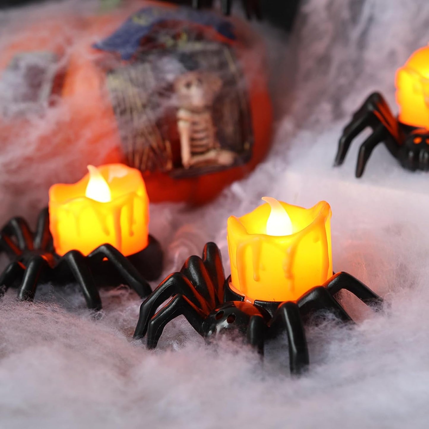 YBB 6 Pcs Halloween Spider Tea Lights, Novelty LED Flameless Spider Candle Holder Lights Battery Operated Orange Tea Lights for Halloween Party Table Home Spooky Decor