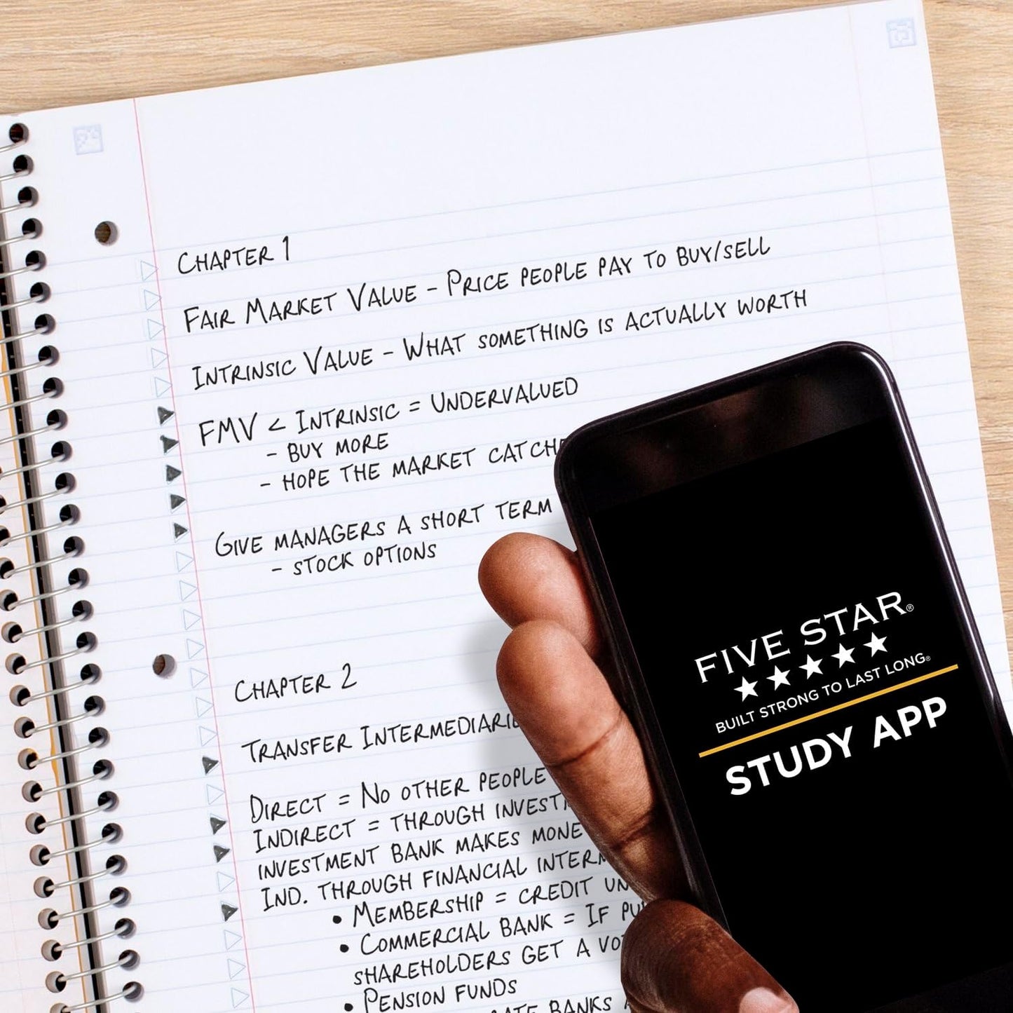 Five Star Spiral Notebook + Study App, 5 Subject, College Ruled Paper, 8-1/2" x 11", 200 Sheets, Fights Ink Bleed, Water Resistant Cover, Black (72081)