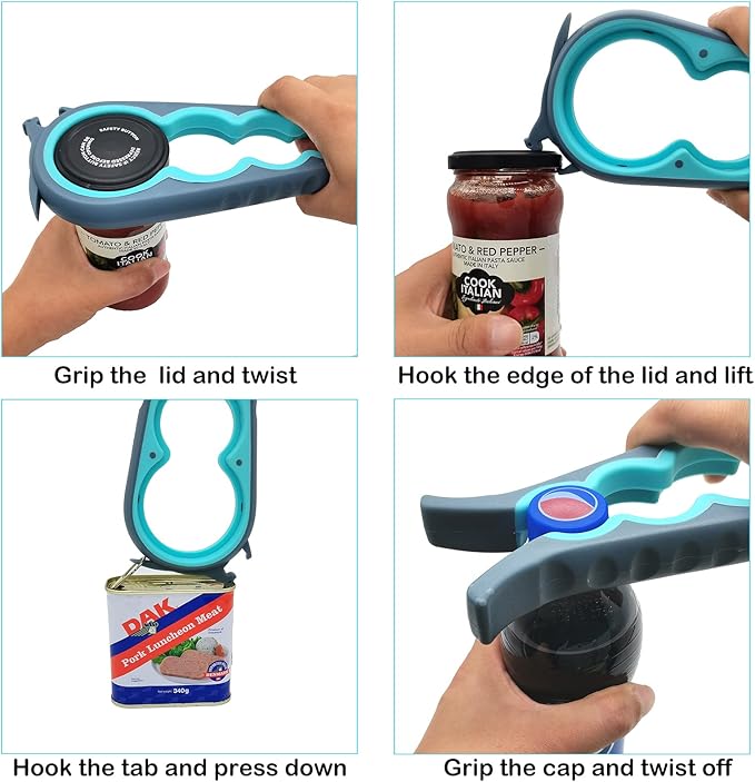 Otstar Jar Opener Bottle Opener and Can Opener for Seniors, Mutil Jar Opener Get Lids Off Easily (Blue and Grey)