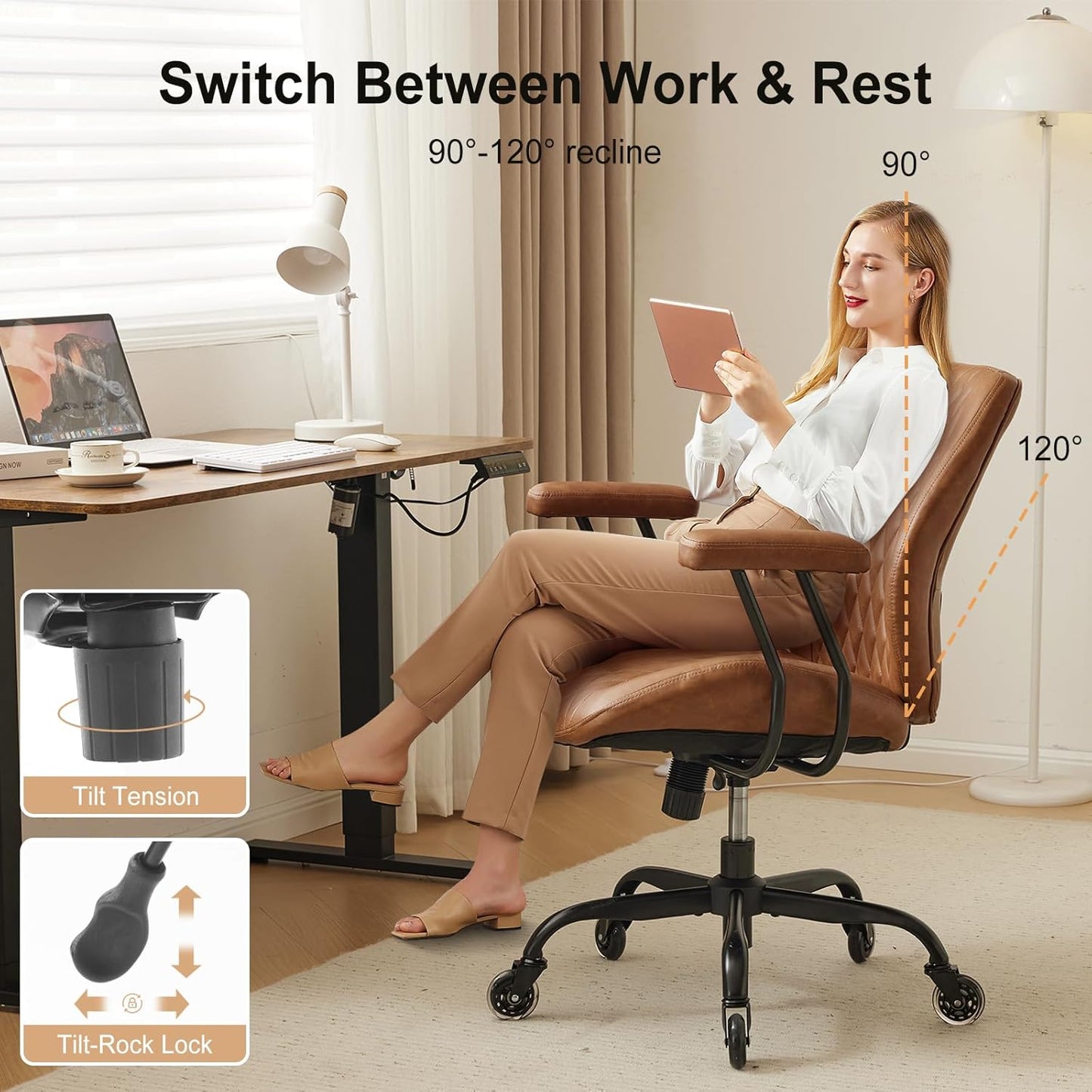 YFO Home Office Desk Chair Office Rubber Casters Ergonomic Computer Chair with Lumbar Support Adjustable Height Rolling Swivel Executive Task Armrests Chair， Brown Leather