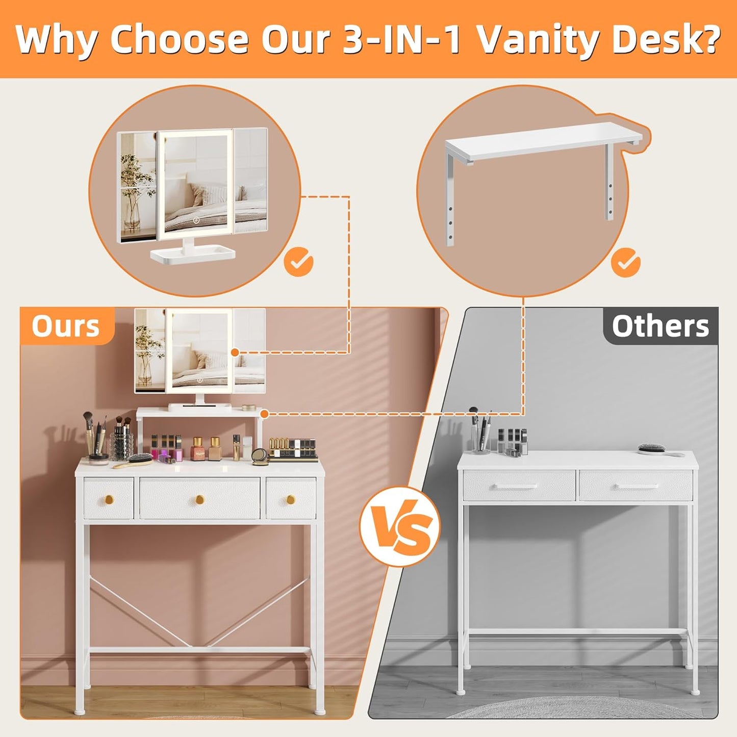 Small Makeup Vanity Desk 27.5''W with Mirror and Lights, Vanity Desk with 3 Fabric Drawers and Height-Adjustable Stand, Vanity Table for Girls Gifts, Bedroom and Small Spaces, White