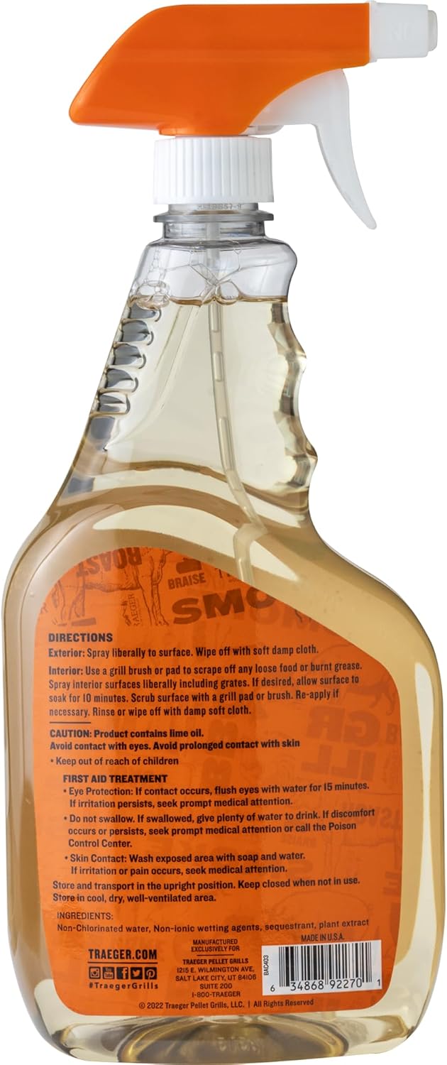 Traeger Grills BAC679 Grill Cleaner Spray Bottle, Grease Cutter, Keep Grill Shiny, No Harmful Chemicals, Citrus Scent, 946ml