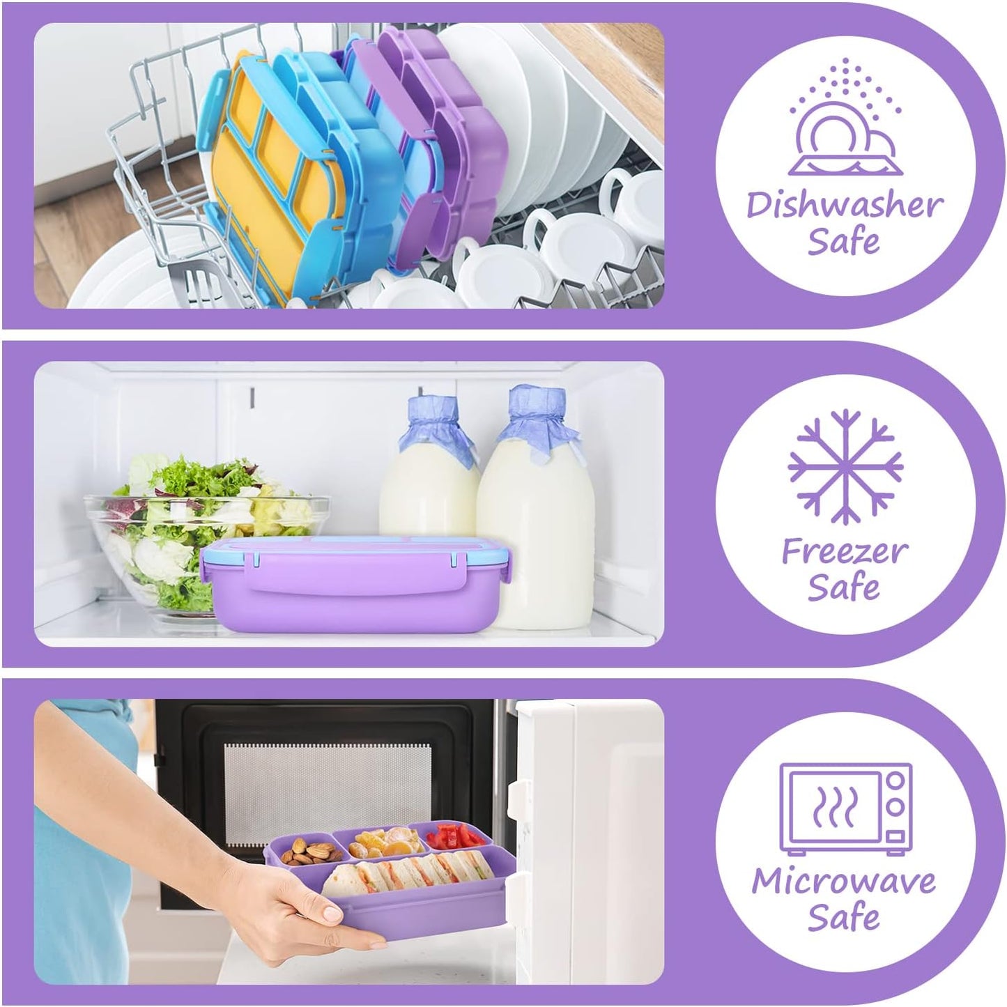 QQKO Bento Lunch Box for Kids Girls Boys, Toddler Kids Lunch Boxes for School, Lunch Containers for Adults with 4 Compartments, Sauce Container, Utensils, Food Picks and Muffin Cups, Purple