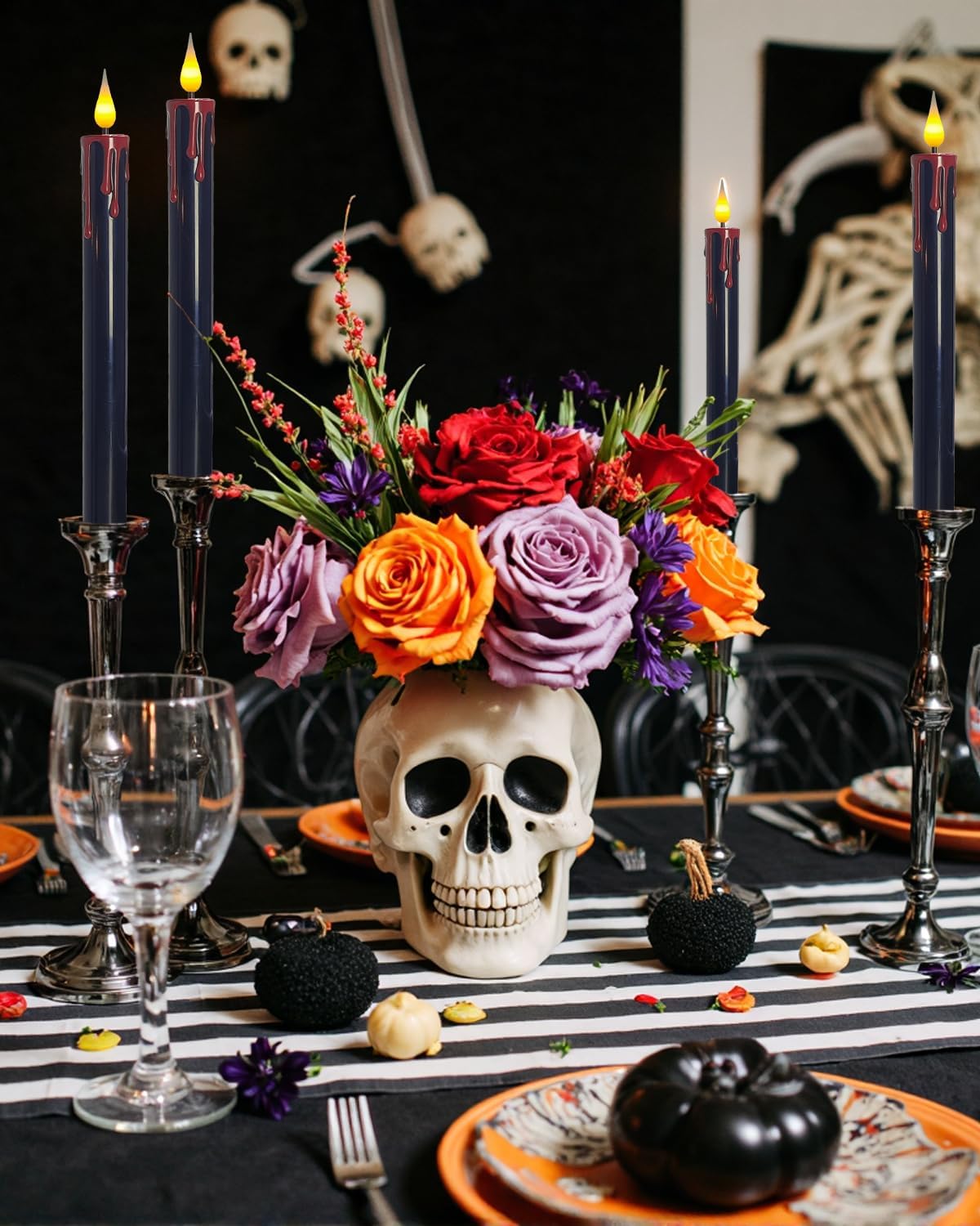 Flameless Bleeding Candles – 6 Pack, Black LED Taper Candles with Red Dripping Wax Effect, 0.8 x 9.9 Inches, Includes 2 Remotes – Creepy Halloween Decor for Haunted Houses & Horror Parties