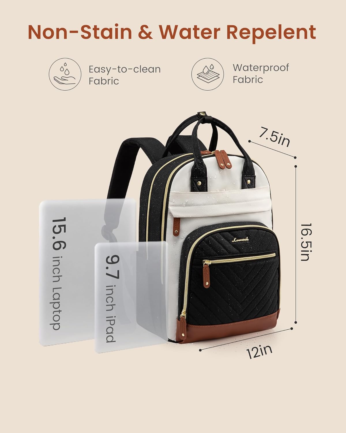 LOVEVOOK Backpack for Women, Fits 15.6 Inch Laptop Bag, School Backpacks, Fashion Travel Work Anti-theft Bag, Business Computer Waterproof College Backpack Purse, Beige-Black-Brown