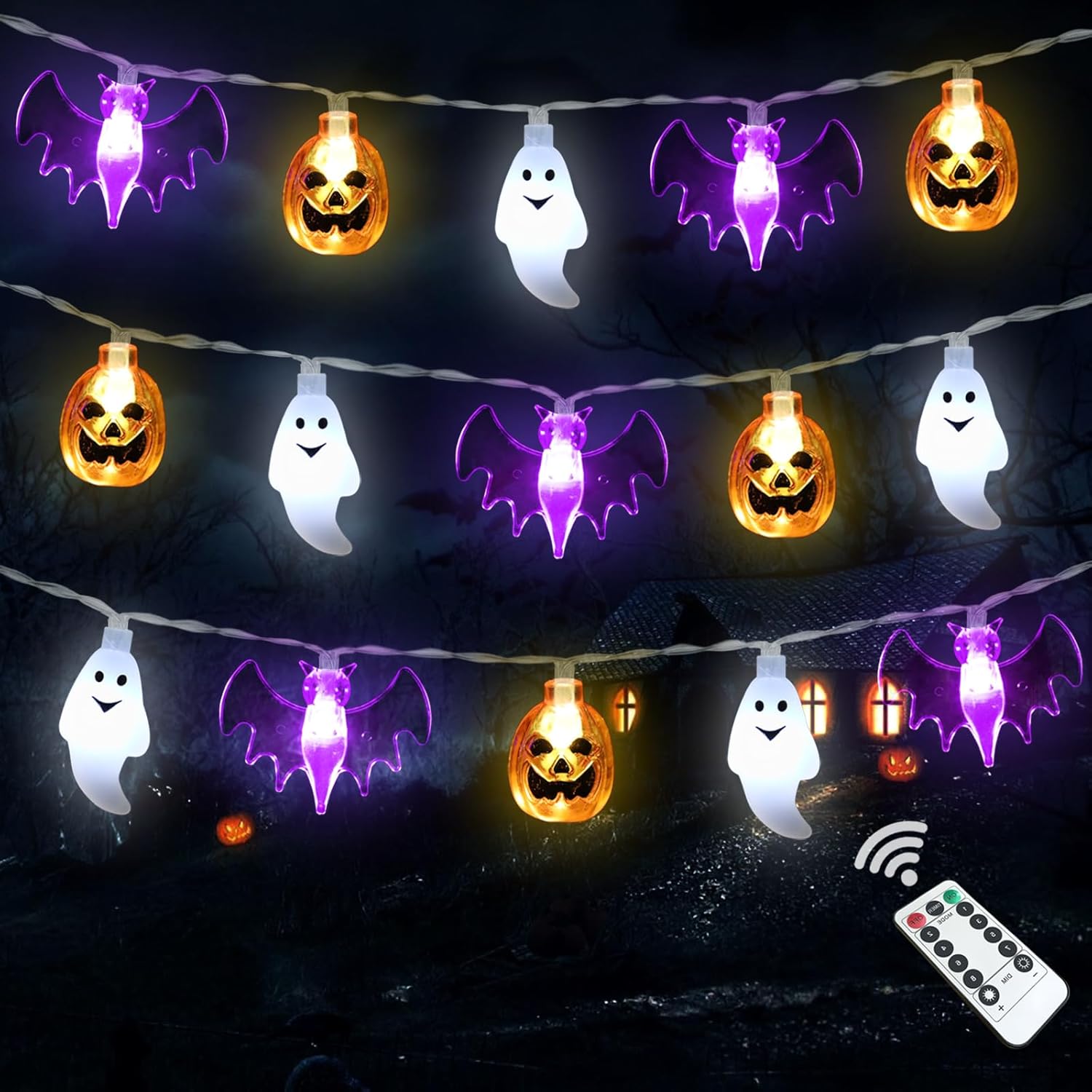 Halloween Lights Decorations, 16 FT 30 LED Waterproof 3D Pumpkin Bat Ghost Battery Operated String Lights with Timer, 8 Lighting Modes Fairy Light for Home Window Indoor Outdoor Halloween Party Decor