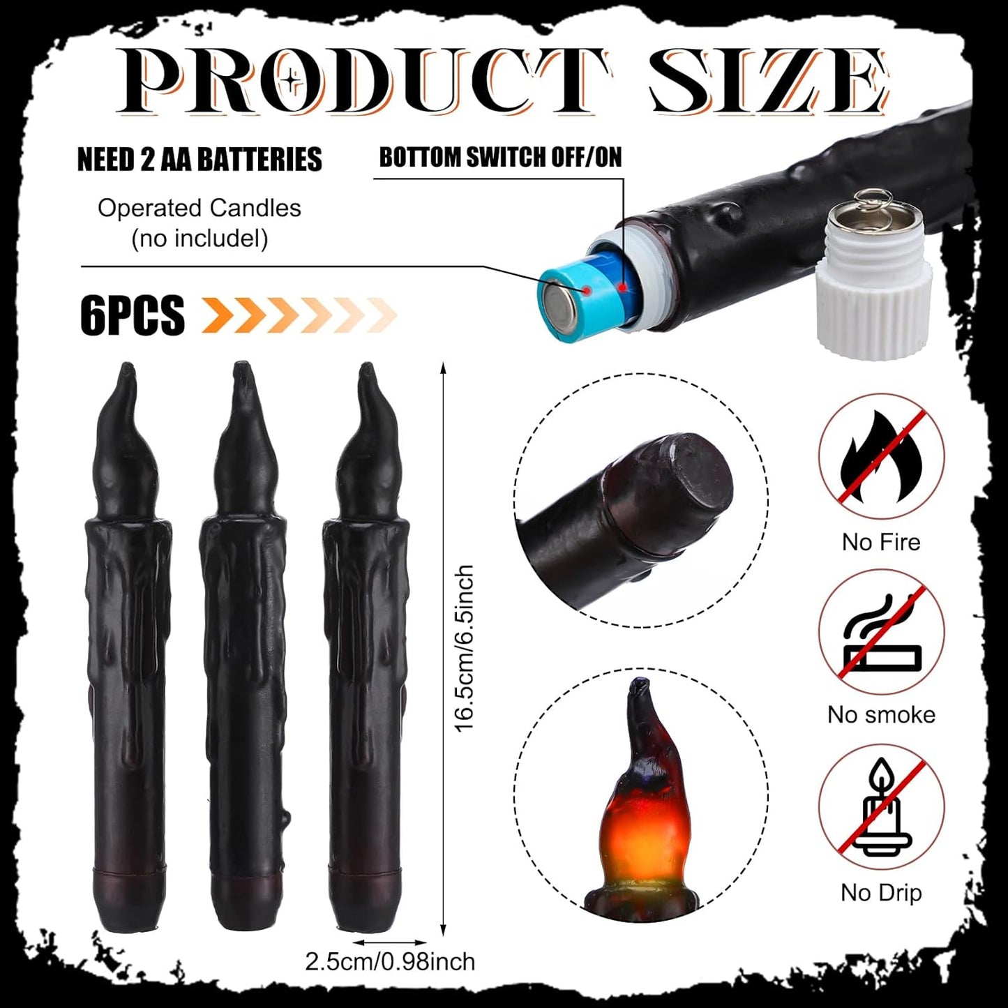 Baquler 6 Pcs Halloween Flameless Candles Real Wax Hand Dipped 6.5 Inch Black Short Taper Candles Battery Operated Rustic LED Candlesticks for Halloween Decoration Fireplace Dinning Table Home Party