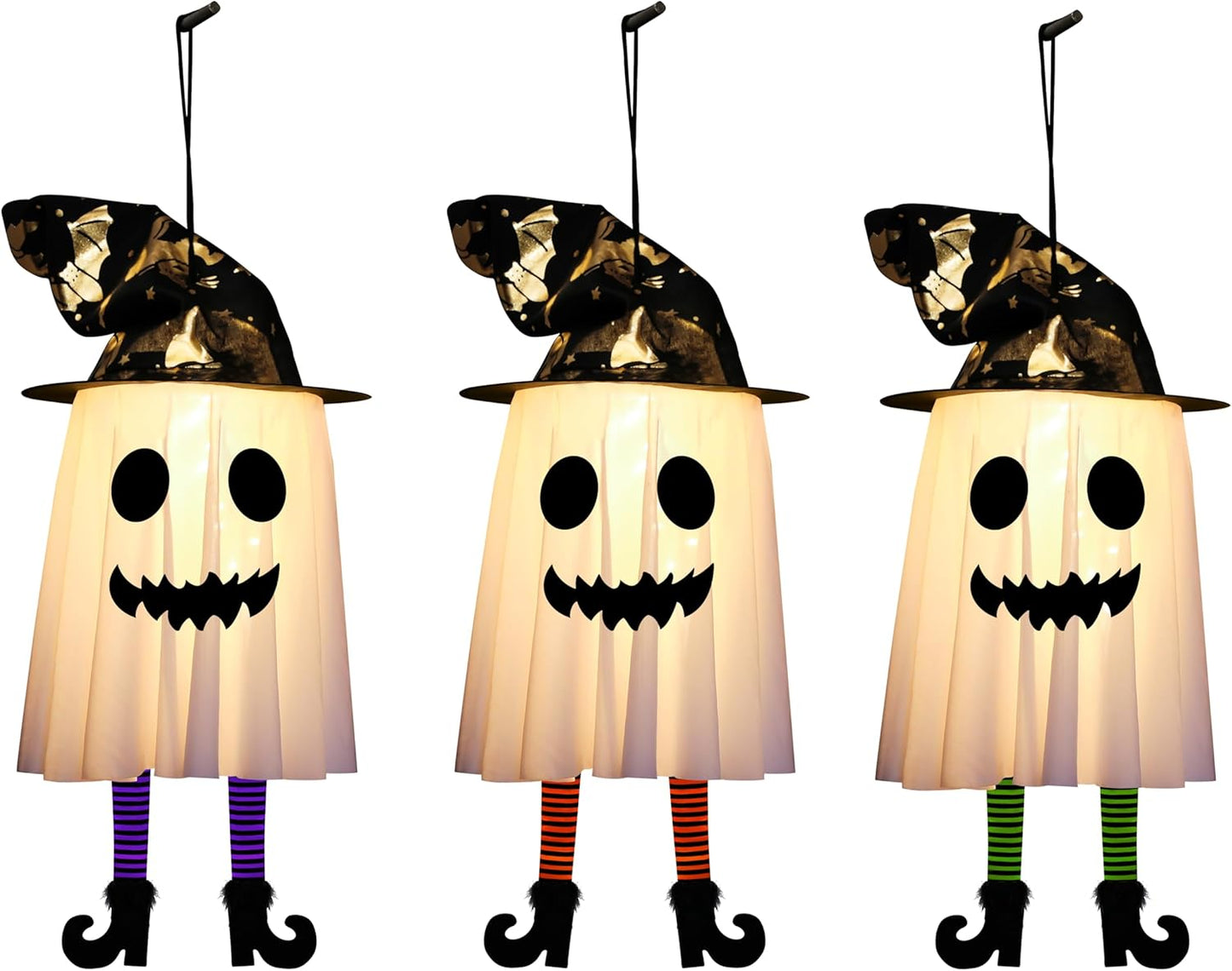 3 Packs Halloween Hanging Ghosts Decorations Outdoor Indoor, Spooky Glowing Ghost Witch Hat Striped Stockings High Heels String Lights 3 Modes Patio Yard Front Porch Tree Party(Contains 18 Batteries)