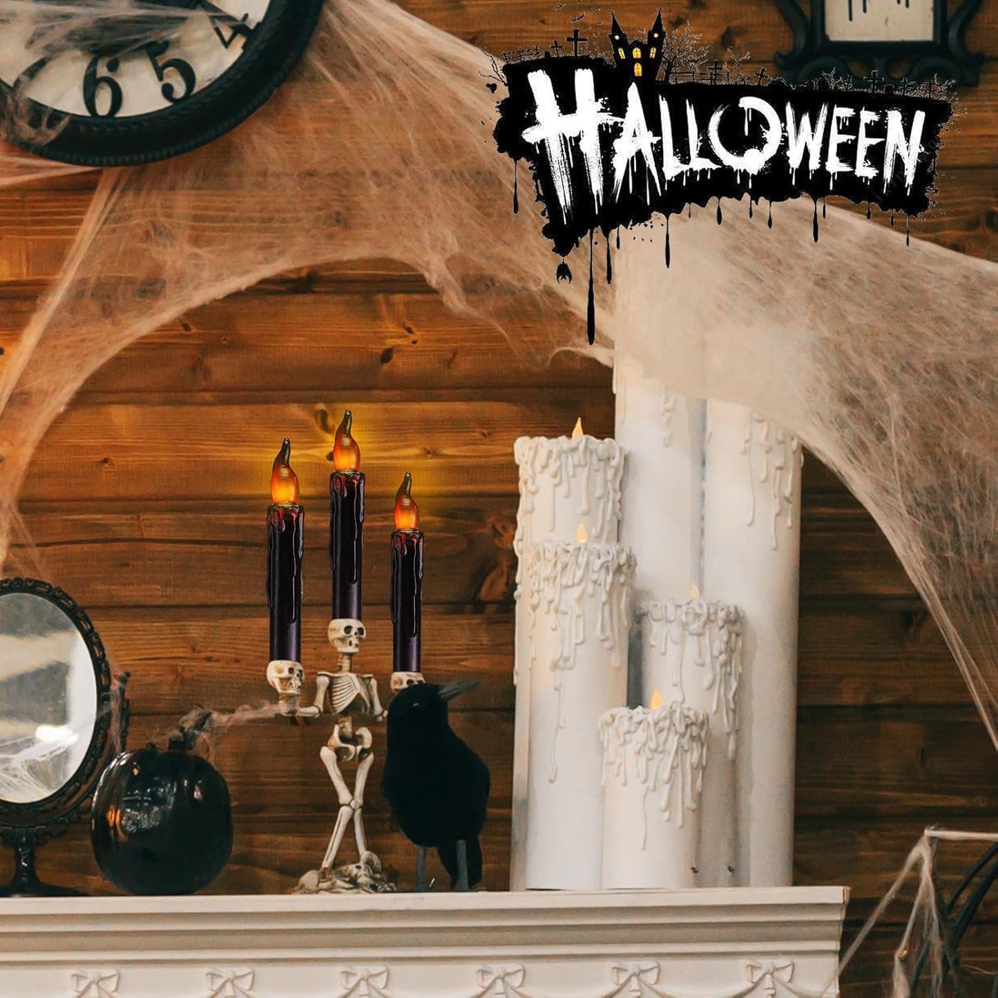 Baquler 6 Pcs Halloween Flameless Candles Real Wax Hand Dipped 6.5 Inch Black Short Taper Candles Battery Operated Rustic LED Candlesticks for Halloween Decoration Fireplace Dinning Table Home Party