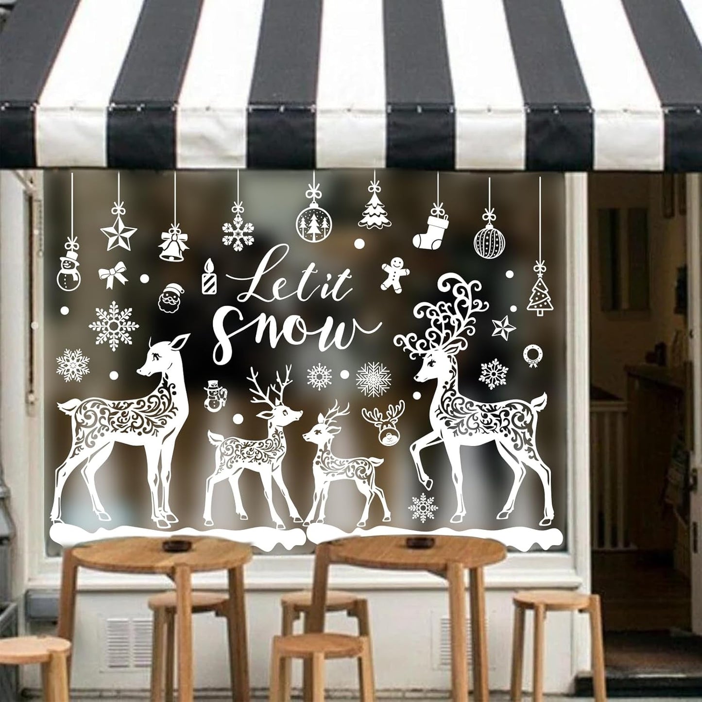 6 Sheet Winter Window Clings White Snowflake Reindeer Pine Branch Christmas Reusable Window Decals for Xmas Winter Party Home School Office Decor