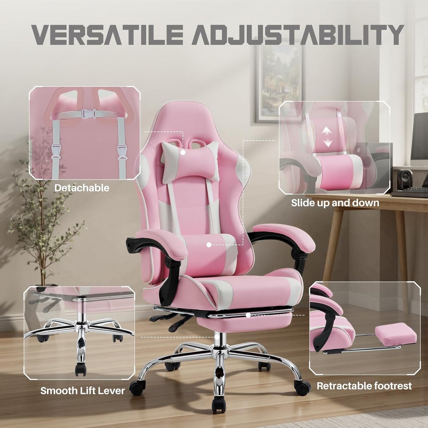 DUMOS Ergonomic Gaming Office Desk Chair with Footrest and Headrest for Adults, PU Leather Video Computer Chair with Linkage Armrests, Height Adjustable 360° Swivel Recling Chair, White Pink