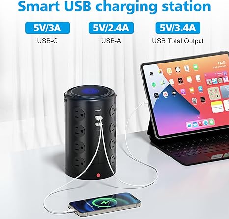 21 in 1 Tower Power Strip Surge Protector with 16 Outlets and 5 USB Ports (2 USB-C), 6FT Extension.
