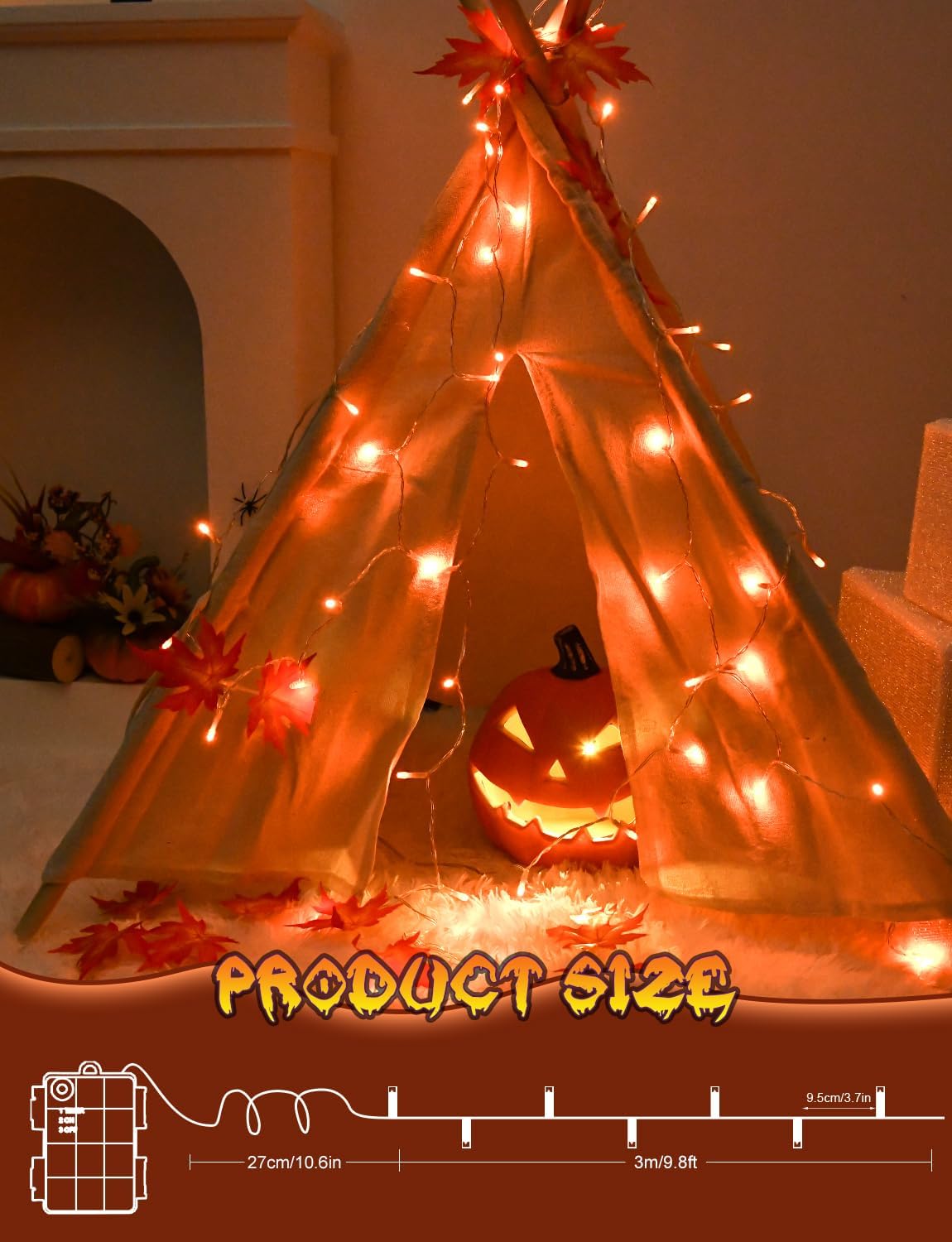 Halloween String Lights Battery Operated With Timer - 9.8ft 30LED Orange Waterproof Lights for Outside Decorations, Party, Yard, Pathway, Indoor and Outdoor