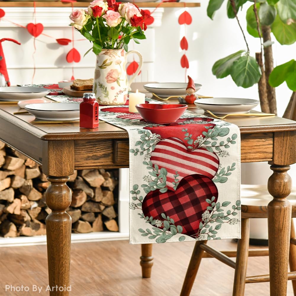 Artoid Mode Eucalyptus Hearts Valentine's Day Table Runner, Holiday Kitchen Dining Table Decoration for Home Party Indoor 13x72 Inch