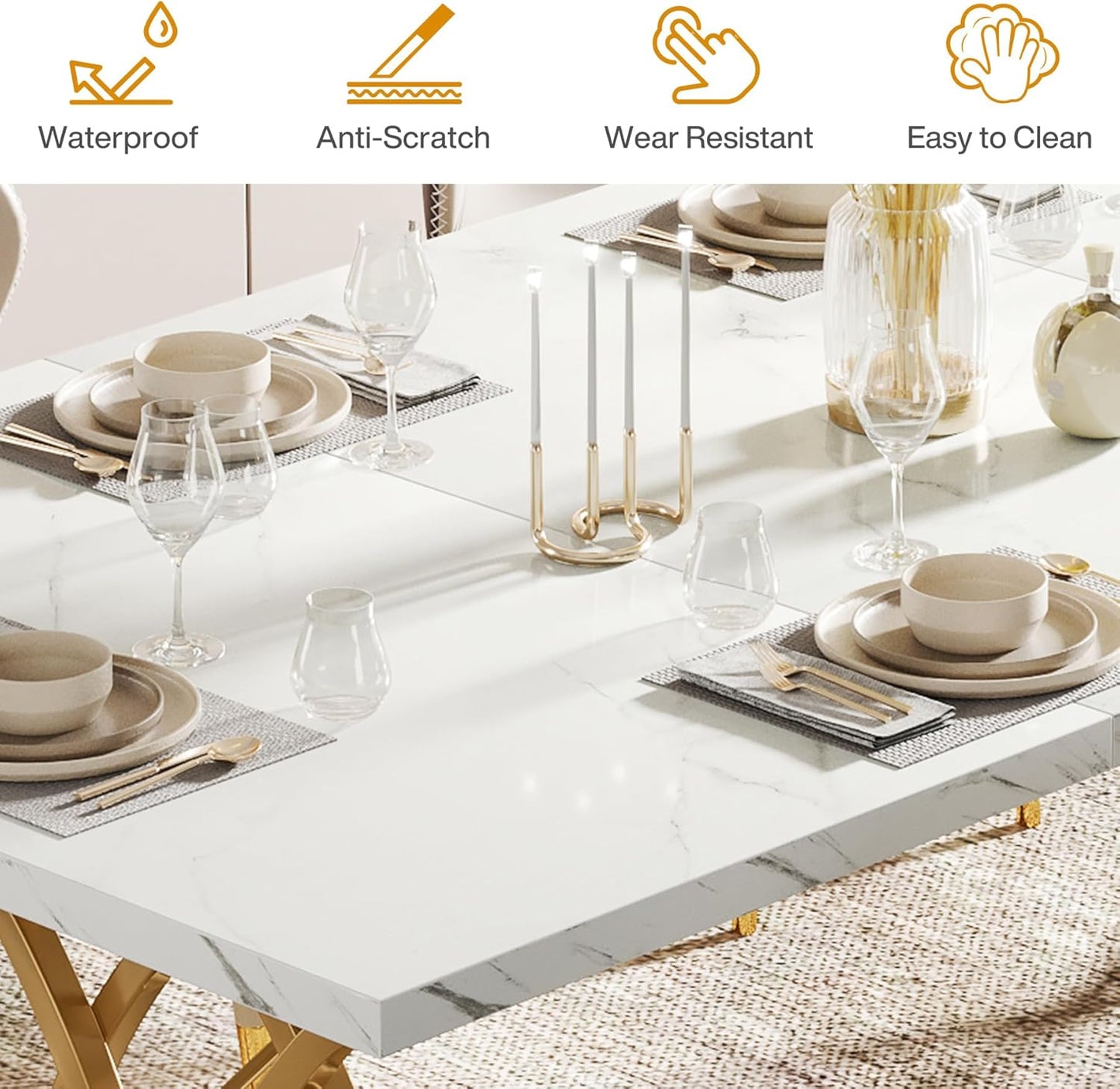 Tribesigns Modern Dining Table, 63" Large Kitchen Table for 4-6 People, Unique Rectangular Dinner Table Kitchen & Dining Room Furniture with Faux Marble Tabletop and Geometric Legs