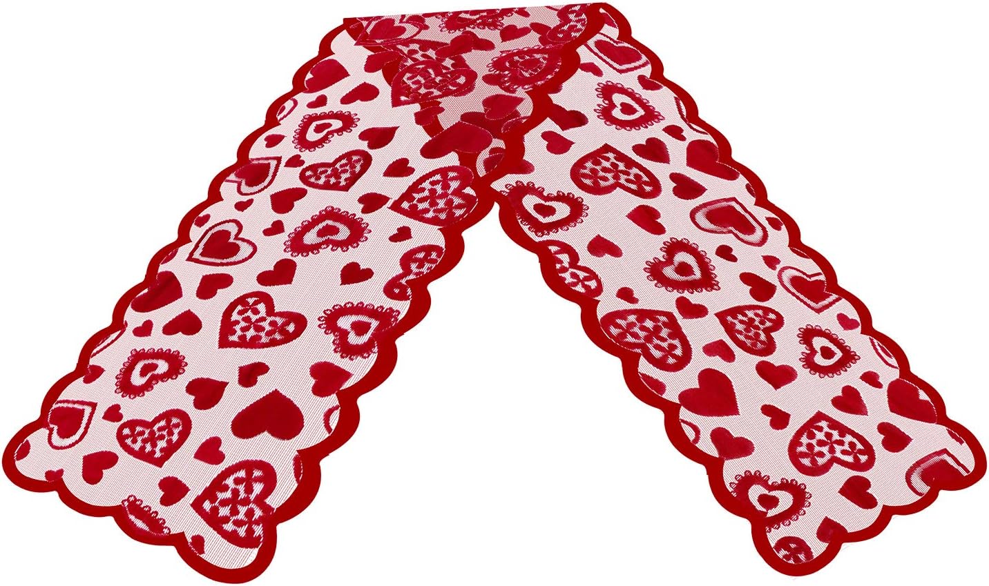 Mosoan Valentines Day Decor Table Runner - 13 x 72 Inch Red Lace Table Runner for Wedding Party, Valentines Decorations - Valentines Day Decor Home Romantic Decorations Heart Shaped Table Runner