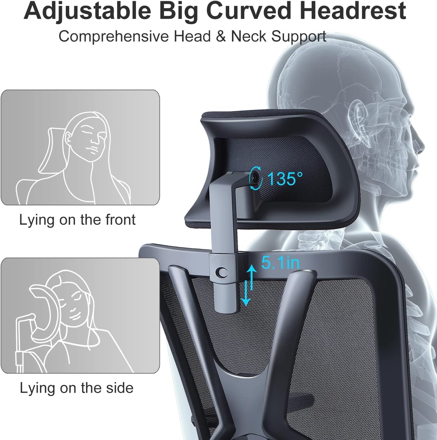 Ticova Ergonomic Office Chair - High Back Desk Chair with Adjustable Lumbar Support, Headrest & 3D Armrest - 130°Rocking Mesh Computer Chair