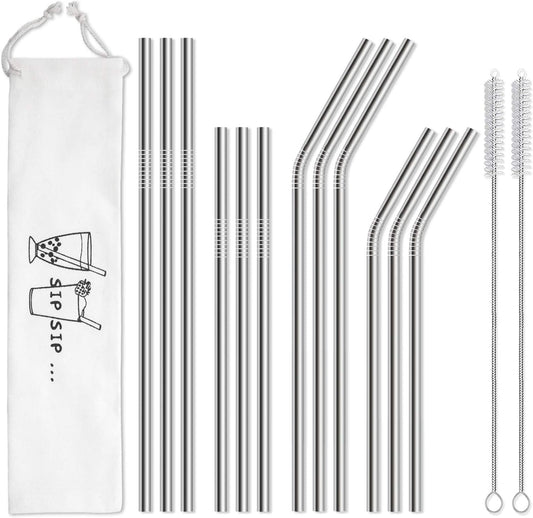 Hiware 12-Pack Reusable Stainless Steel Metal Straws with Case - Long Drinking Straws for 30 oz and 20 oz Tumblers Dishwasher Safe - 2 Cleaning Brushes Included