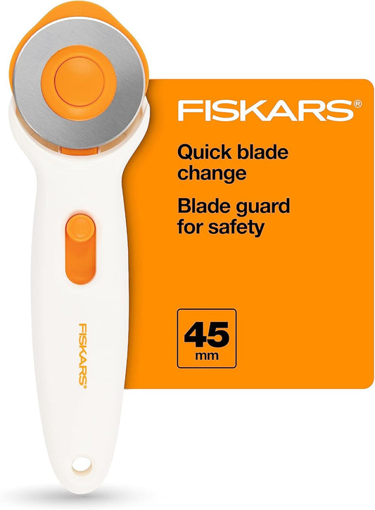 Fiskars 45mm Rotary Cutter for Fabric, Premium Steel Stick Fabric Cutter Cuts Through Multiple Layers, Right and Left Handed, Easy and Safe Blade Change, Arts and Crafts, Sewing and Quilting Tools