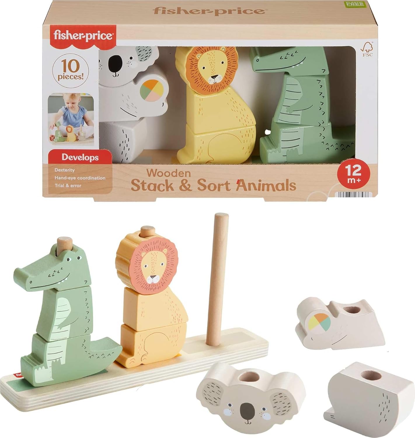 Fisher-Price Wood Baby Toy Stack & Sort Animals, 10 Wooden Pieces for Developmental Play for Infants & Toddlers Ages 1+ Years