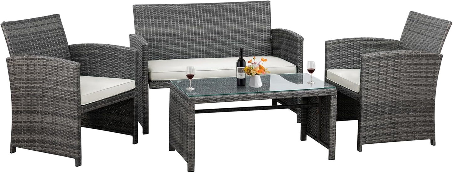 Shintenchi 4 Piece Patio Ratten Set Outdoor Furniture Set Wicker Conversation Set with Cushions and Tempered Glass Tabletop,Beige