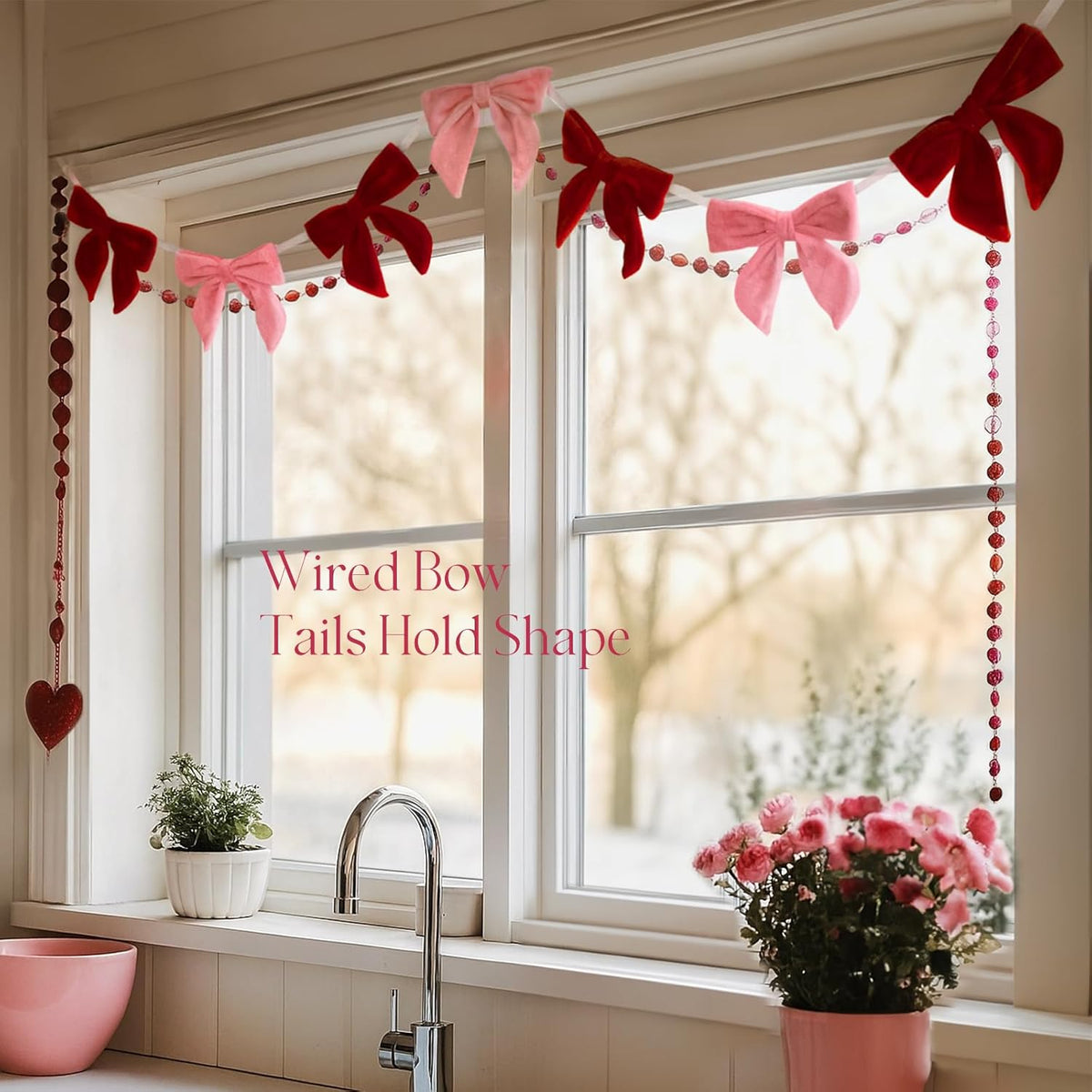 Valentines Day Decorations - 6.5 Ft Pink and Red Velvet Bow Garland - Valentines Day Decor for Home Party Office - Coquette Room Decor for Tree Door Table Wall Window Mantel
