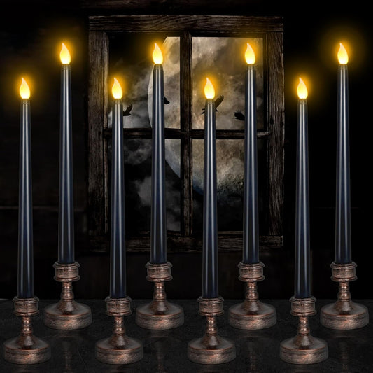 YUNVI Sets of 8 Black Halloween Candles,Flameless Taper Candles with Base,LEDs Candlesticks,Plastic Flickering Flameless Candles for Halloween Fireplace